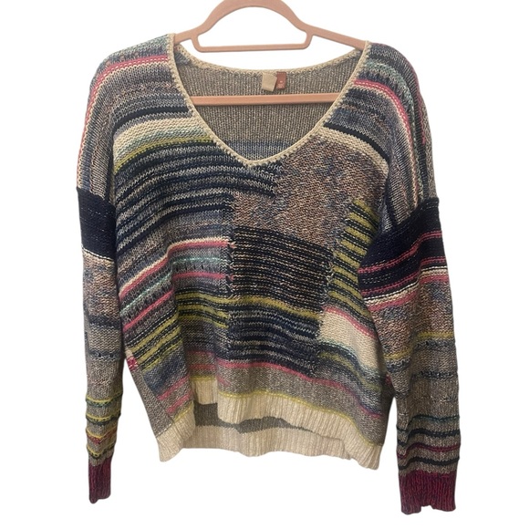 Anthropologie Pilcro patchwork sweater star elbows multi color XS vneck - Picture 2 of 11